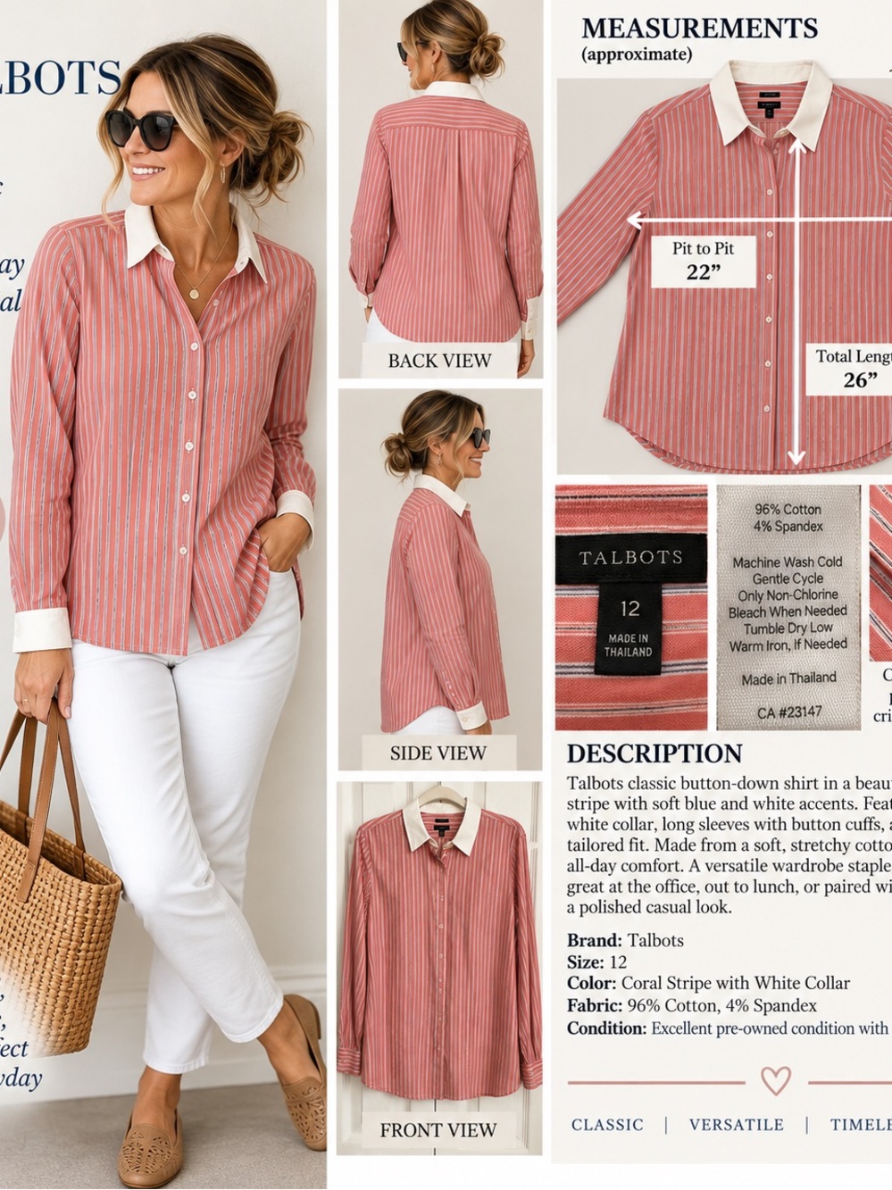 Talbots Coral and White Striped Button-Down Shirt #131